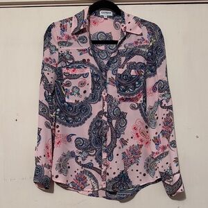Express Women's Paisley Button Down Shirt - Pink and Blue
